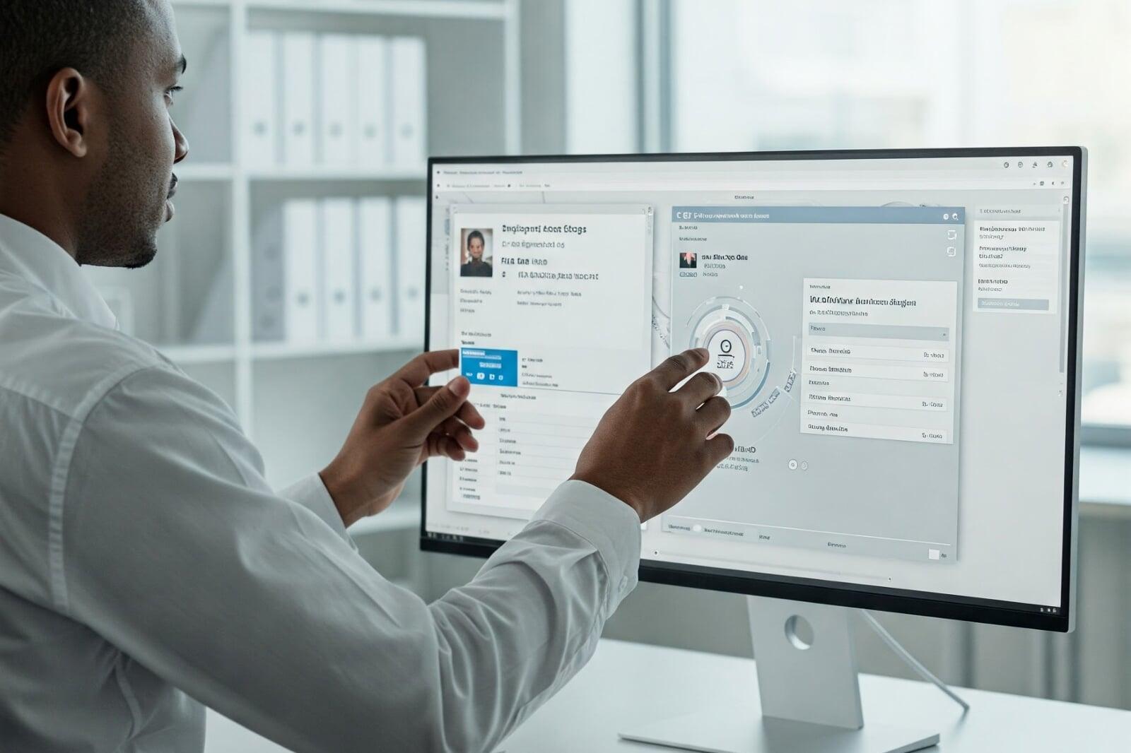 Professional interacting with digital workflow interface on a widescreen monitor in office setting