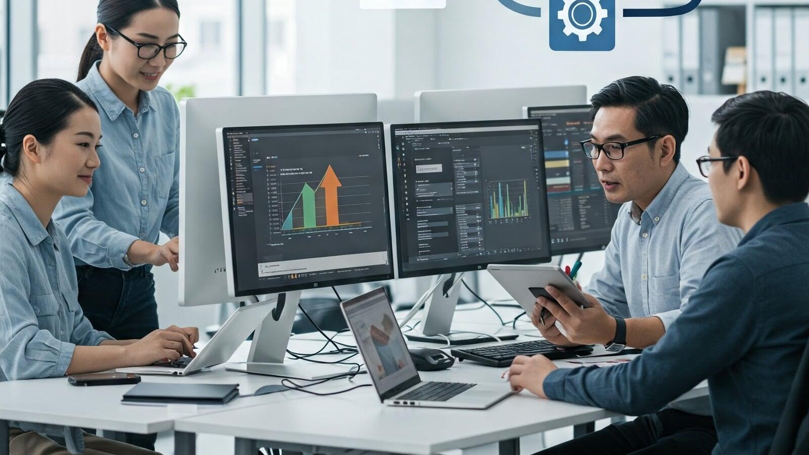 Team collaborating on CAD data and system dashboards across multiple monitors