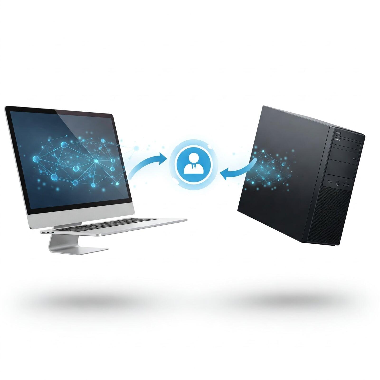 Conceptual graphic of data exchange between desktop computer and server