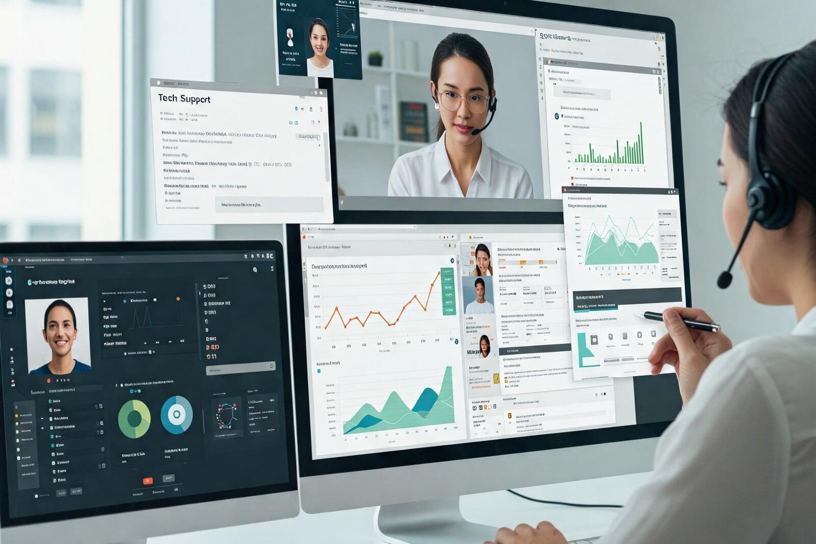 Support technician using multiple screens to assist customers via video calls and dashboards