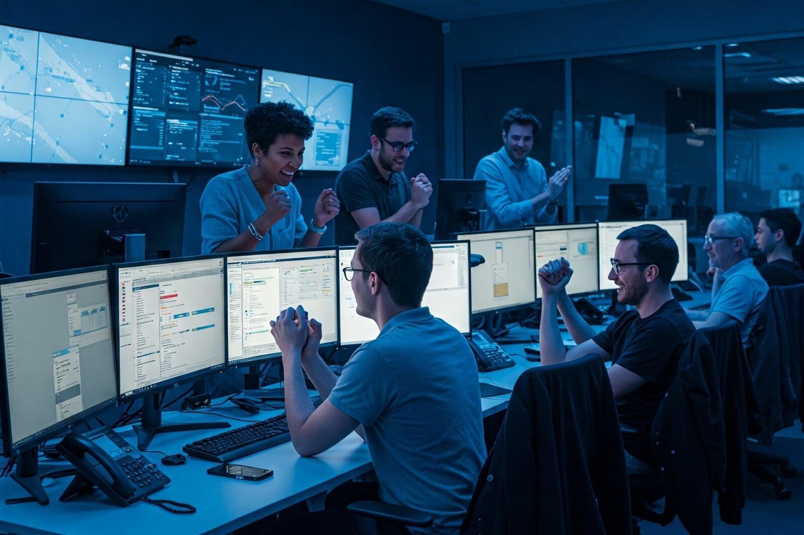Team celebrating in a dark office with multiple monitors and a control room atmosphere