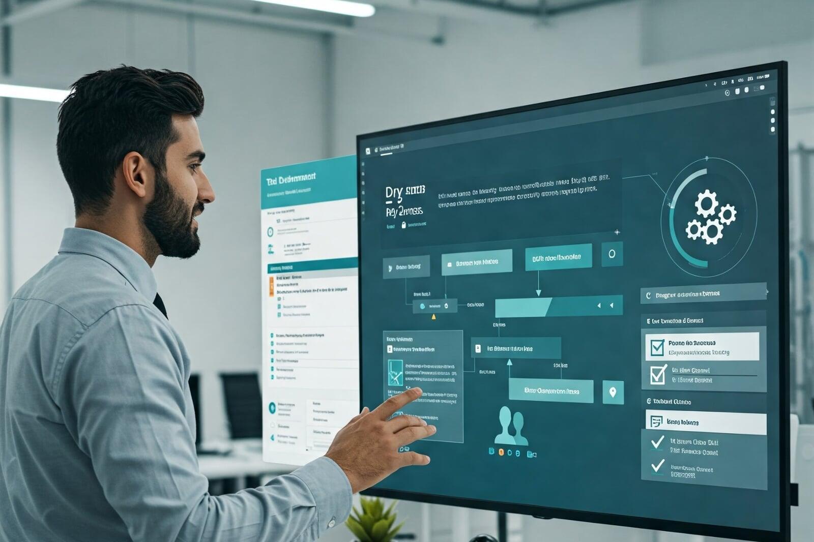 Person interacting with a futuristic digital dashboard on a large monitor